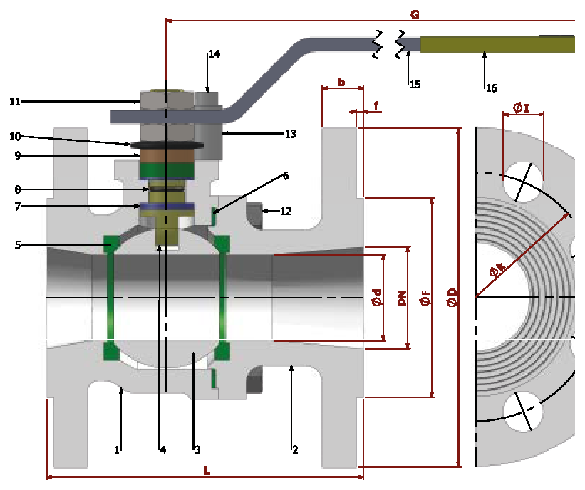 PN 16/40 (3202 F4/5) Reduction Bore/Flanged — sectional drawing with part numbers