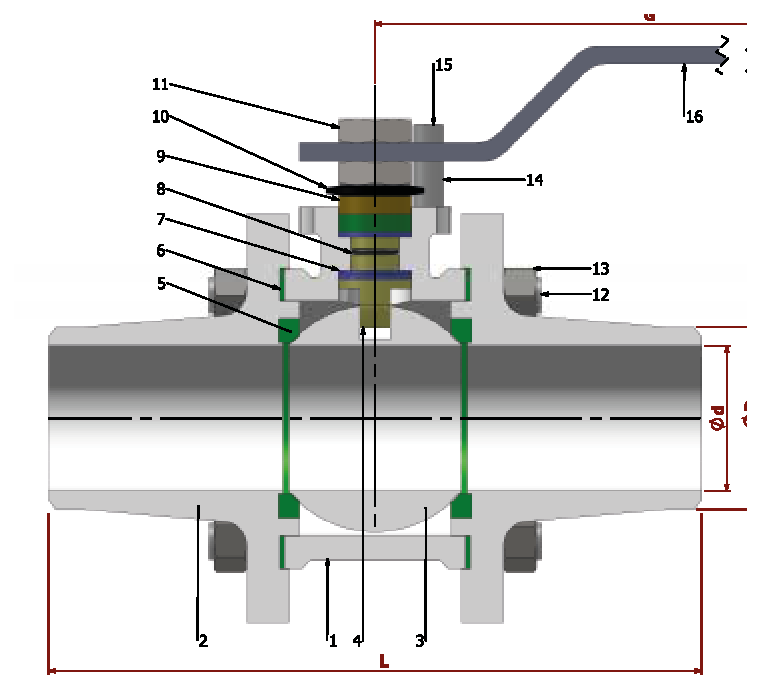 PN 16/40 Full Bore/ Butt-Welded — sectional drawing with part numbers