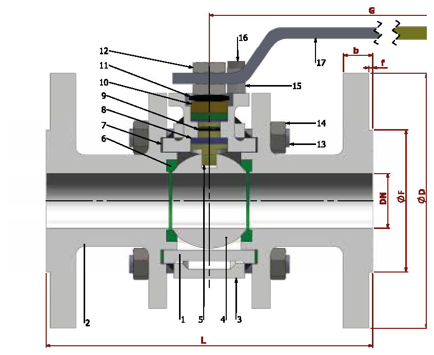 PN 16/40 Full Bore/Flanged (Steel) — sectional drawing with part numbers