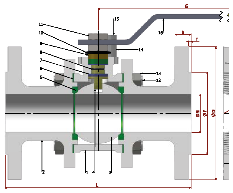 PN 16/40 Full Bore/Flanged (Steel) — sectional drawing with part numbers