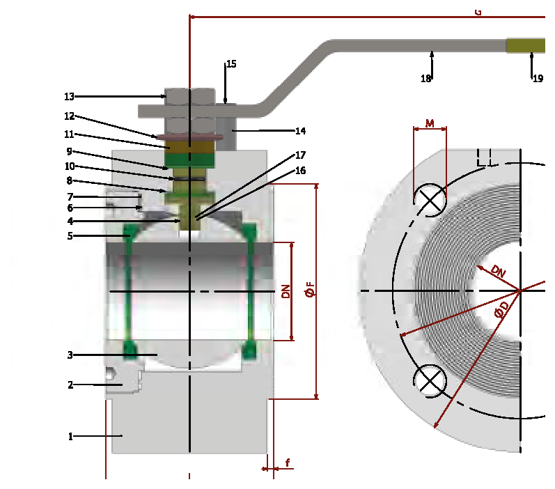 PN 16/40 Full Bore/Flanged (Steel) — sectional drawing with part numbers