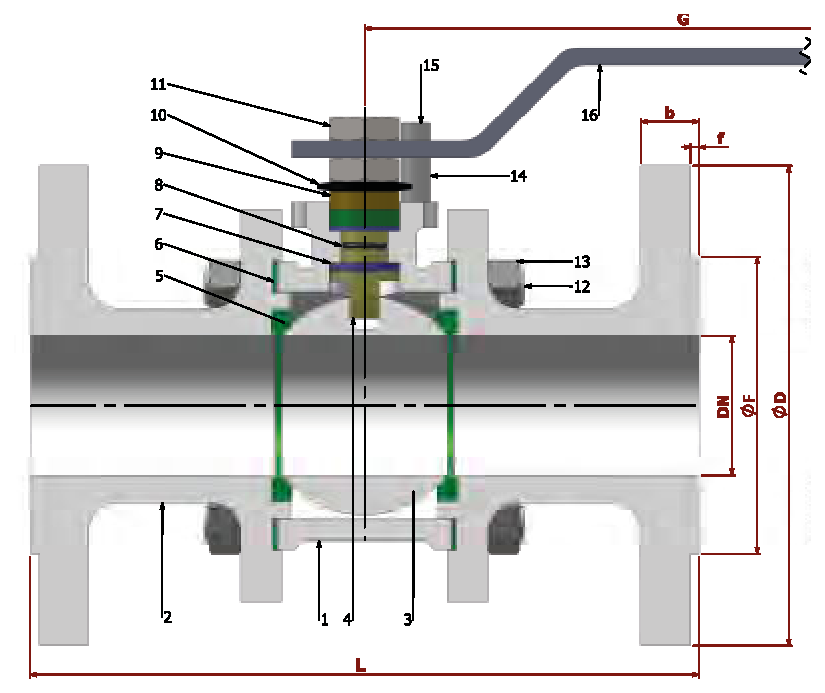 PN 16/40 Full Bore/Flanged (Steel) — sectional drawing with part numbers