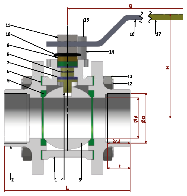 PN 16/40 Full Bore/ Threaded — sectional drawing with part numbers