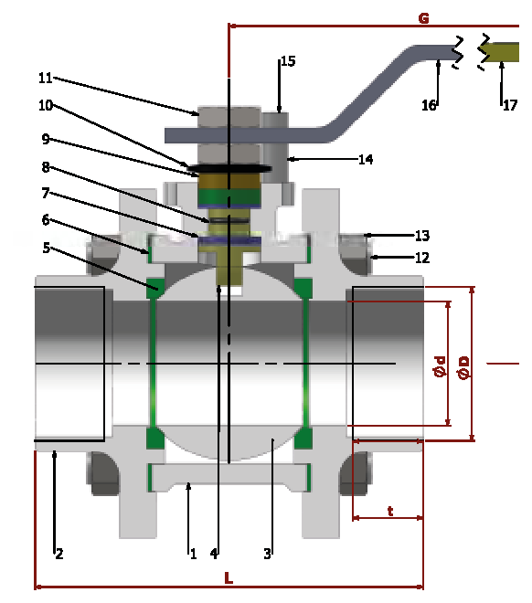 PN 16/40 Full Bore/Threaded (Steel) — sectional drawing with part numbers