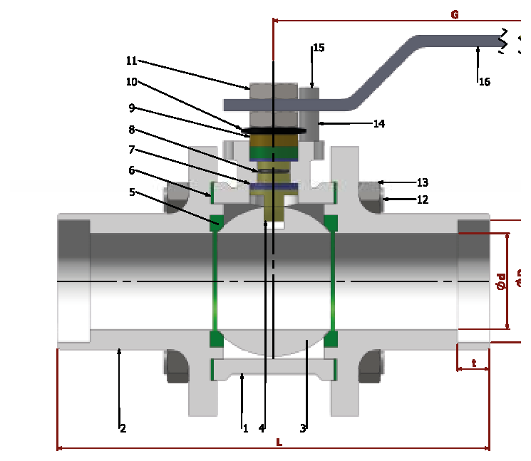 PN 16/40 Full Bore /with Socket — sectional drawing with part numbers