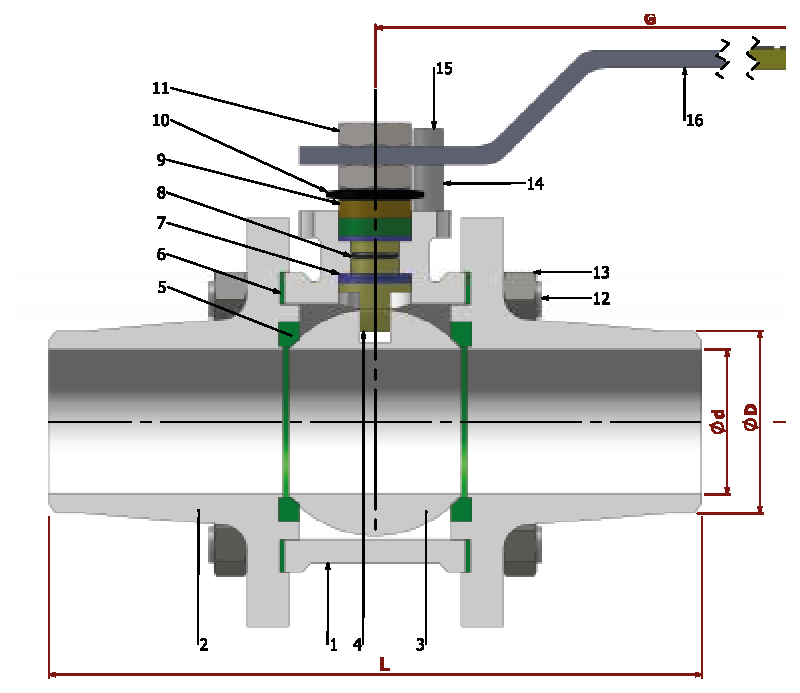 PN 16/40 Reduction Bore/ Butt-Welded — sectional drawing with part numbers