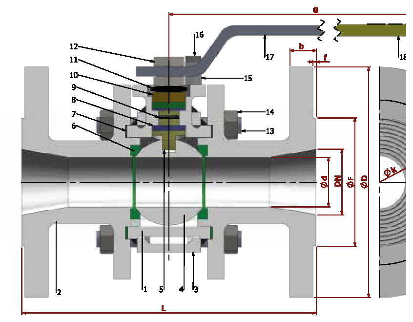 PN 16/40 Reduction Bore/Flanged (Steel) — sectional drawing with part numbers