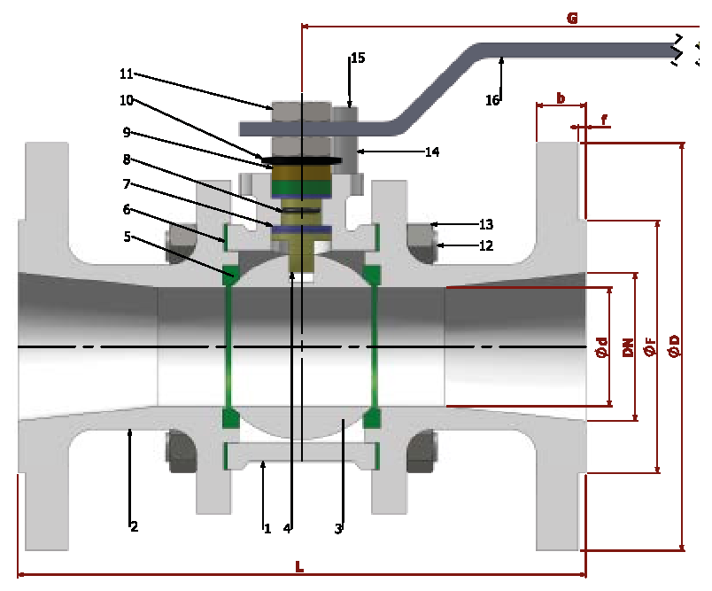 PN 16/40 Reduction Bore/Flanged (Steel) — sectional drawing with part numbers