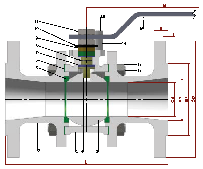 PN 16/40 Reduction Bore/ Flanged — sectional drawing with part numbers