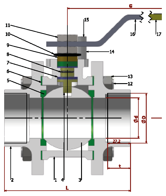 PN 16/40 Reduction Bore/ Threaded — sectional drawing with part numbers