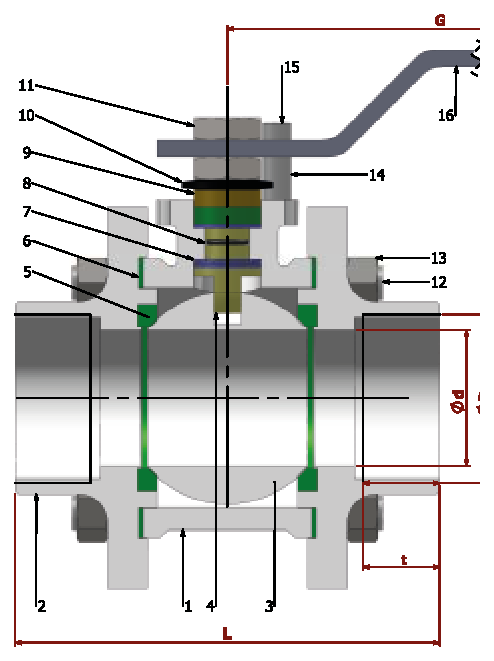 PN 16/40 Reduction Bore/Threaded (Steel) — sectional drawing with part numbers
