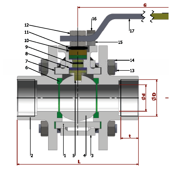 PN 16/40 Reduction Bore/Threaded (Steel) — sectional drawing with part numbers