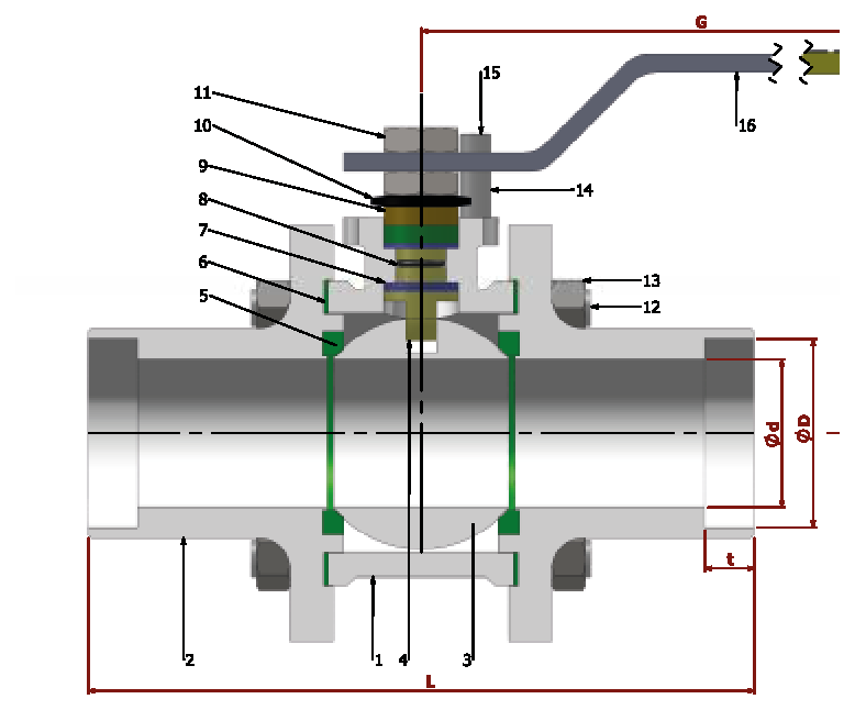 PN 16/40 Reduction Bore/ with Socket — sectional drawing with part numbers