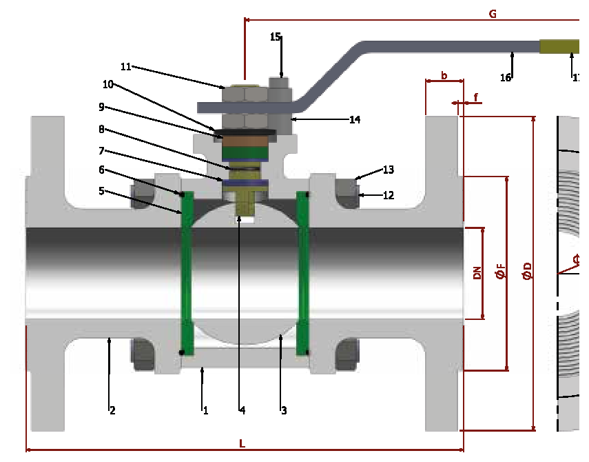 PN 16 Full Bore/Flanged — sectional drawing with part numbers