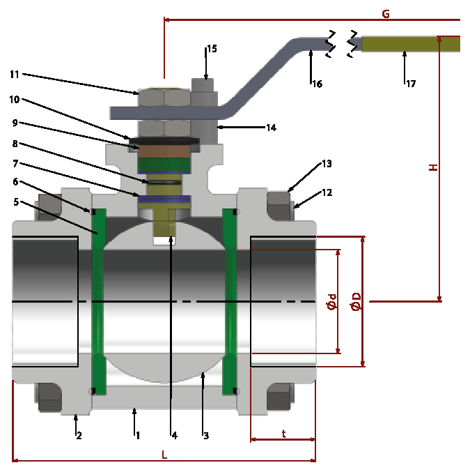 PN 16 Full Bore/Threaded — sectional drawing with part numbers