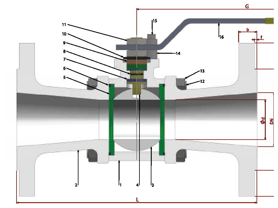 PN 16 Reduction Bore/Flanged — sectional drawing with part numbers