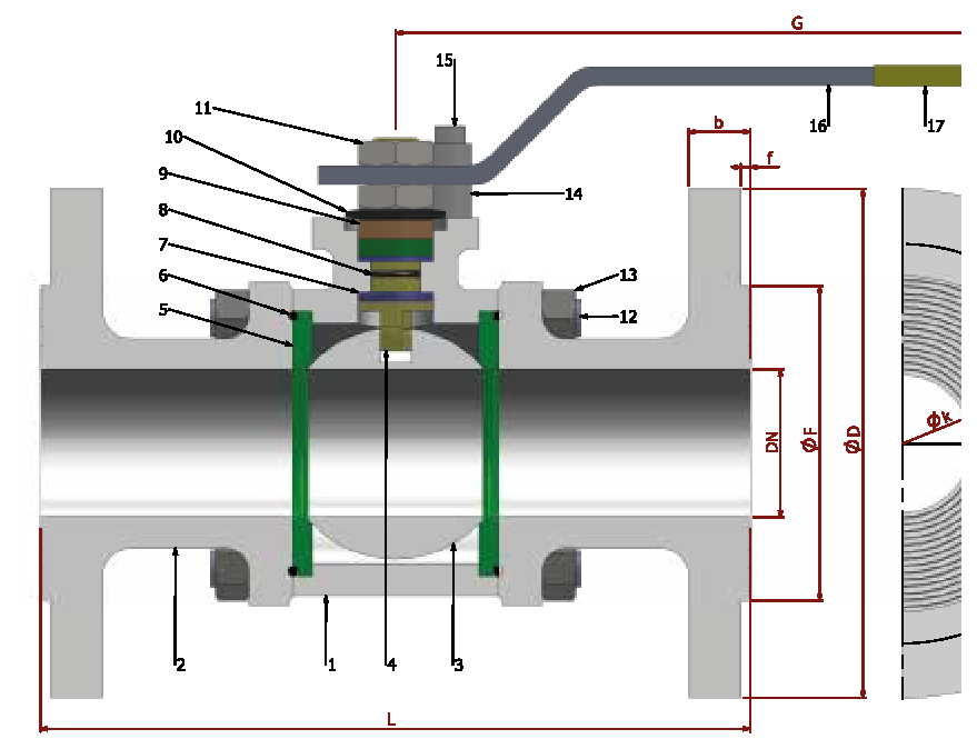 PN 25 Full Bore/Flanged — sectional drawing with part numbers