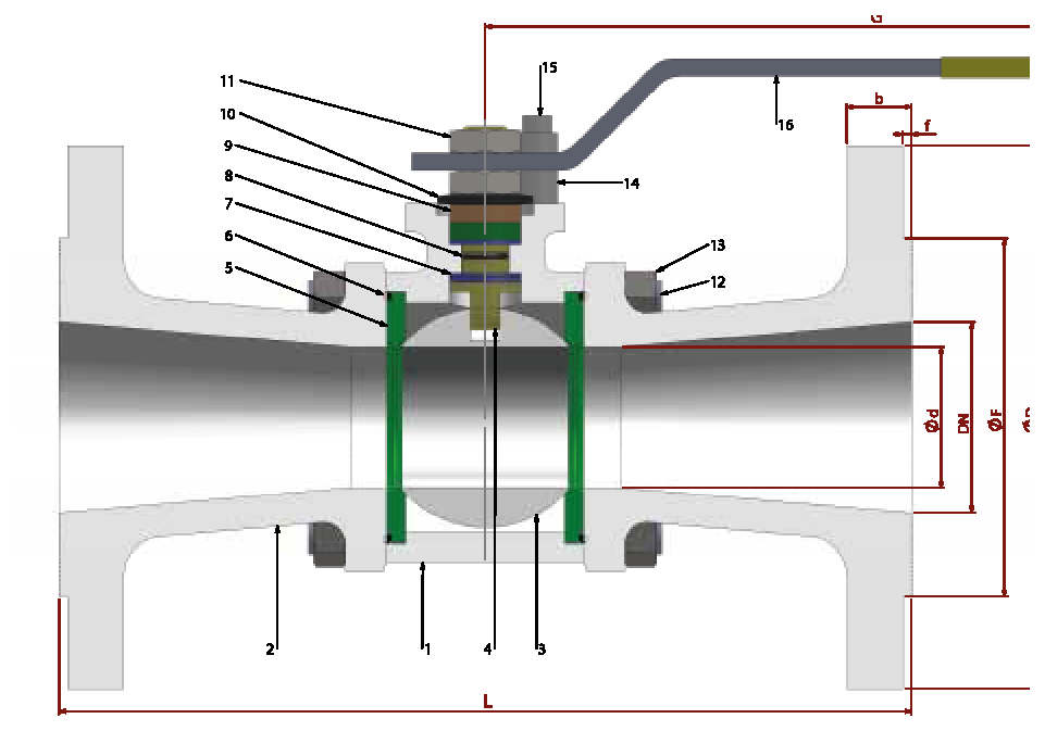 PN 25 Reduction Bore/Flanged — sectional drawing with part numbers