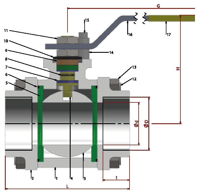 PN 25 Reduction Bore/Threaded — sectional drawing with part numbers