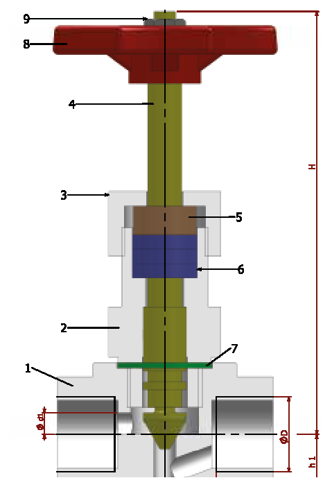PN 250 Threaded — sectional drawing with part numbers
