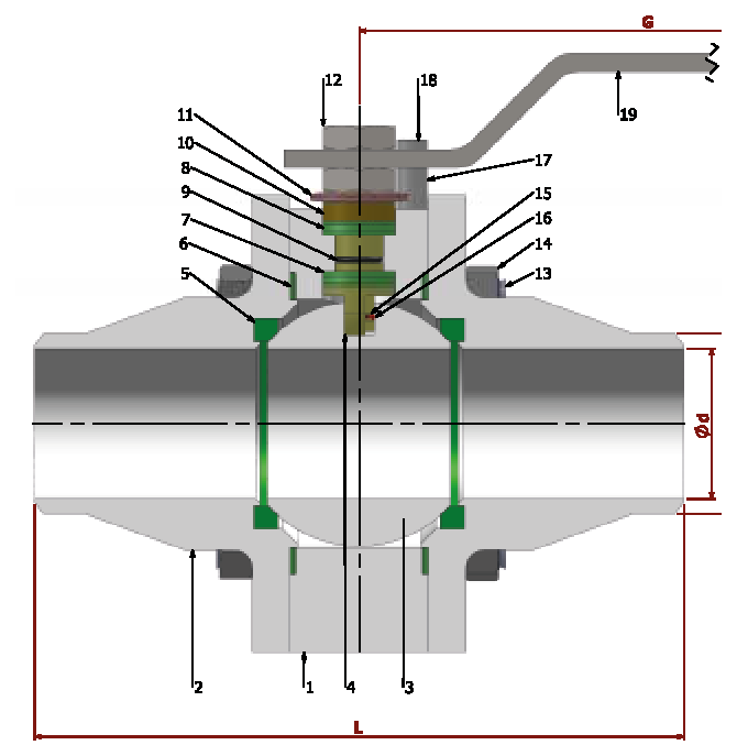 PN 64/100 Full Bore/ Butt-Welded — sectional drawing with part numbers
