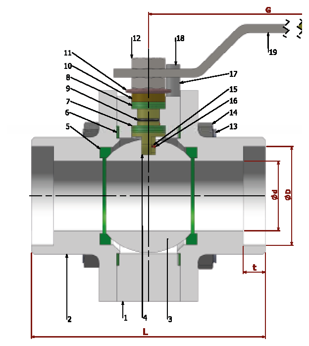 PN 64/100 Full Bore /with Socket — sectional drawing with part numbers