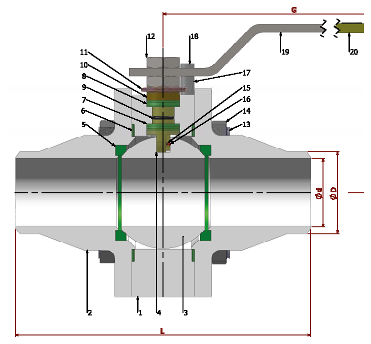 PN 64/100 Reduction Bore/ Butt-Welded — sectional drawing with part numbers