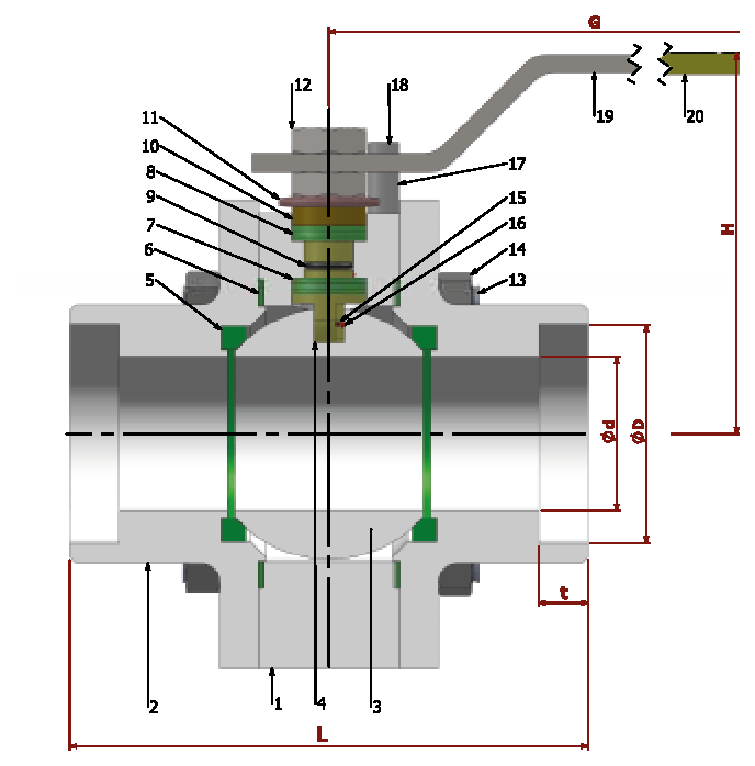 PN 64/100 Reduction Bore/ with Socket — sectional drawing with part numbers