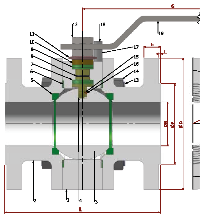 PN 64 Full Bore/Flanged — sectional drawing with part numbers