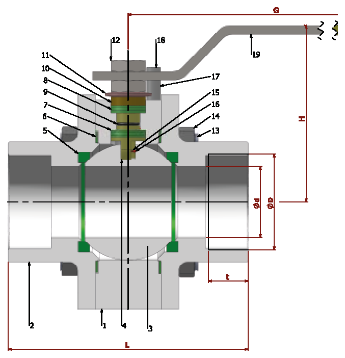 PN 64 Full Bore/ Threaded — sectional drawing with part numbers