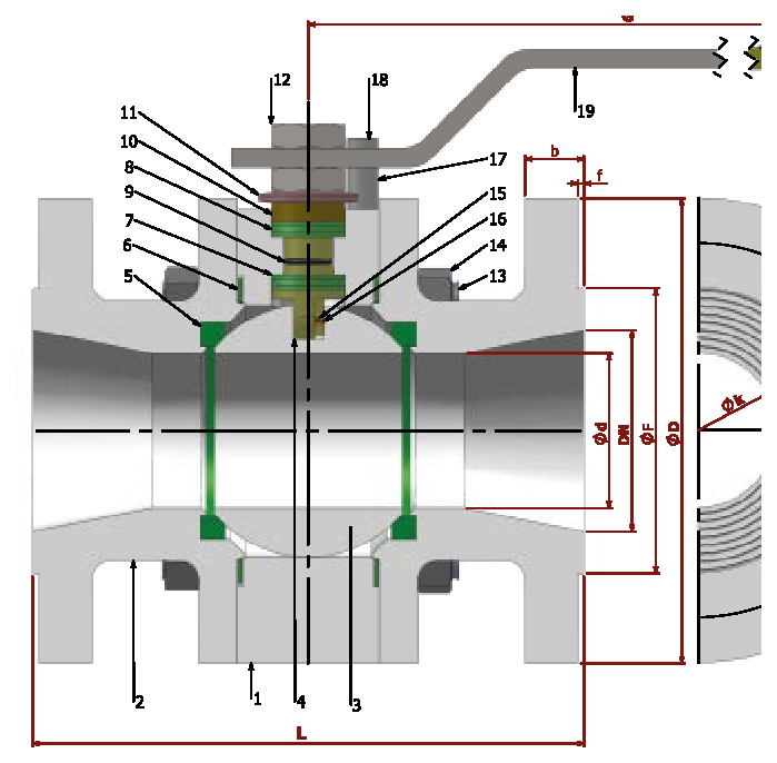 PN 64 Reduction Bore/Flanged — sectional drawing with part numbers