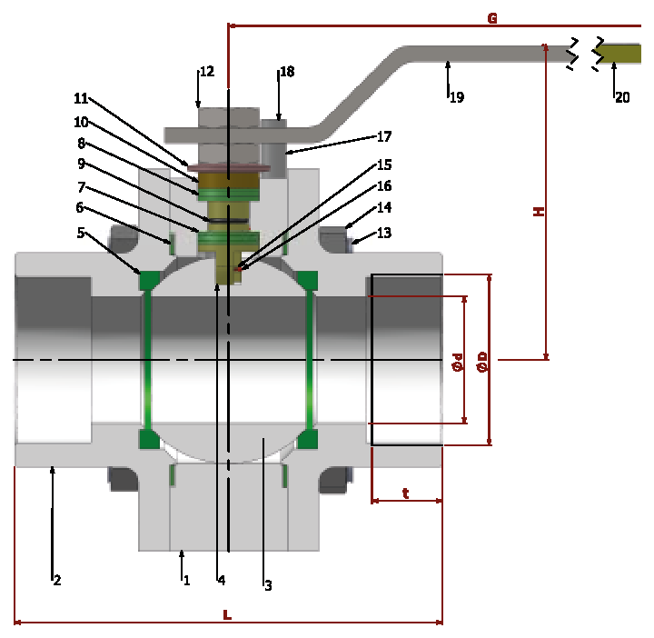 PN 64 Reduction Bore/ Threaded — sectional drawing with part numbers