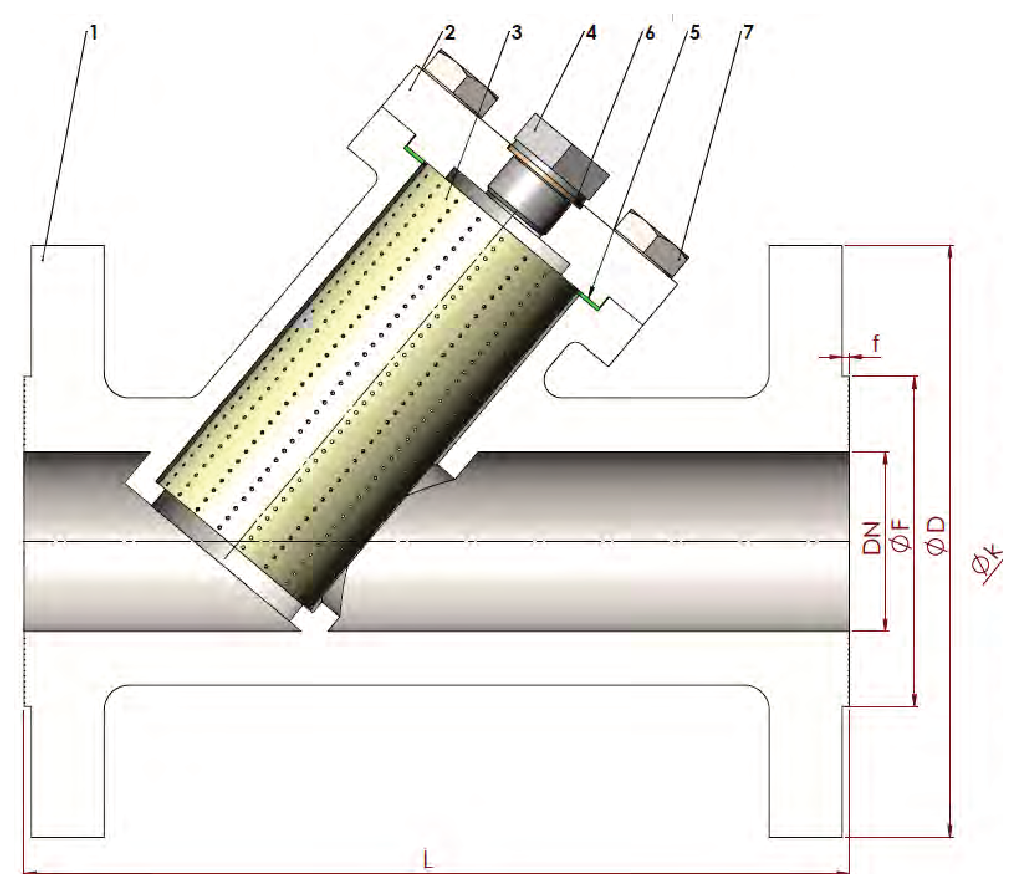 Strainer Class 300 flanged — sectional drawing with part numbers
