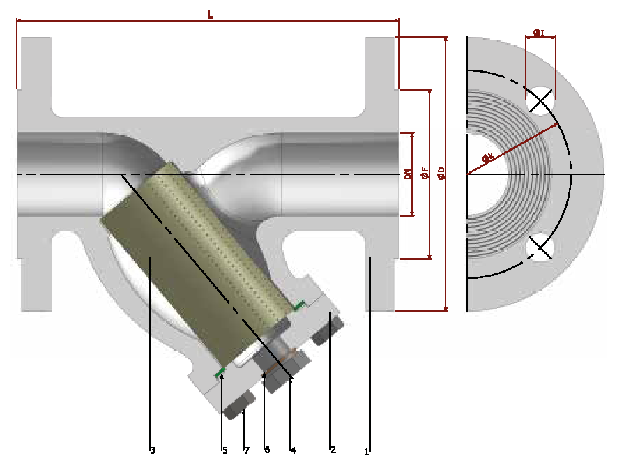 Strainer PN 16/25/40 flanged — sectional drawing with part numbers
